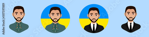 President on the Ukraine flag background. Zelensky.  Set of male avatars in Ukrainian vyshyvanka and business suit. Brunette.