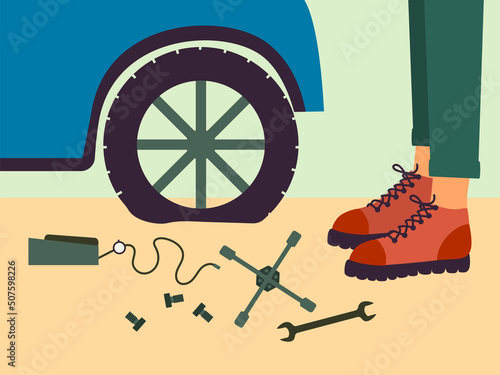 The Man Try To Change Flat Tyre. Cartoon Style Illustration. Crop Image. Vector.