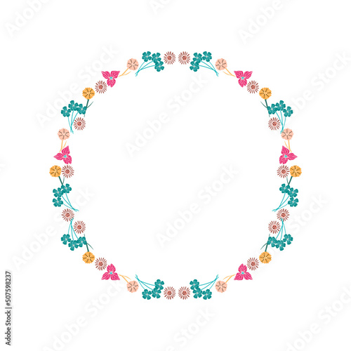 Elegant Floral Wreath. Tiny Cute Flowers, Leaves and Branches. Border Frame For Invitation Cards, Wedding Decoration, Romantic Ornaments. Vector Illustration.