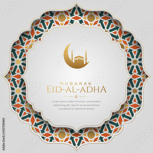 Eid Al-Adha Hajj Mabroor Islamic Arabic Arabesque Mosaic Pattern Background with Ornament Frame