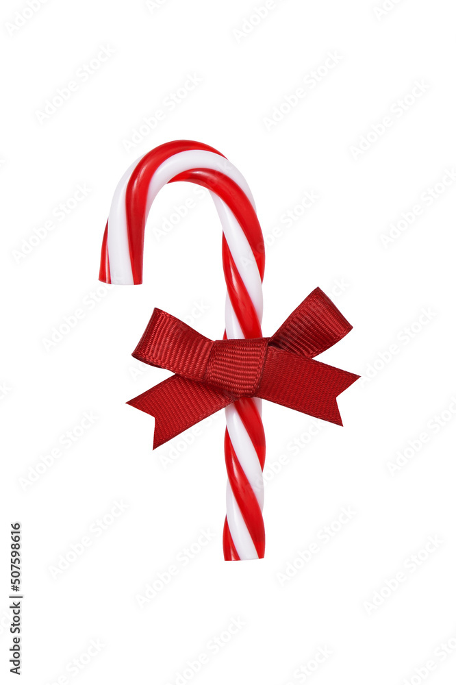 Christmas candy cane with red ribbon bow isolated on white background Christmas candy cane with red ribbon bow isolated on white background