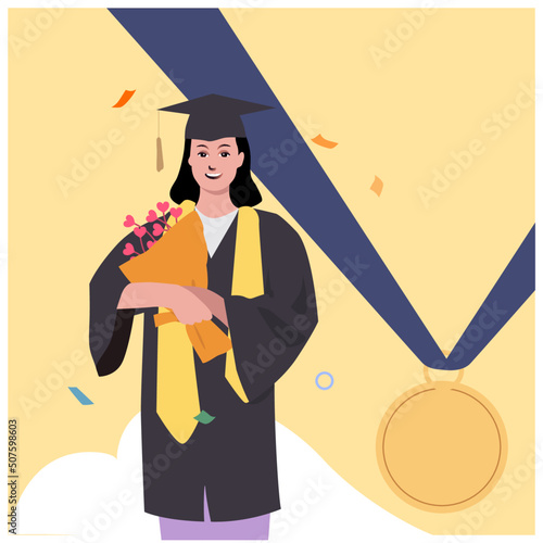 happy beautiful woman in graduation gown is holding flower with medal graduation background