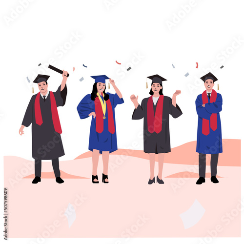 happy diverse students celebrating graduation from school or colleges, holding diplomas and certificates
