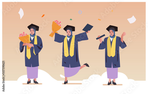happy hijab woman in graduation gown is holding education certificate and flower