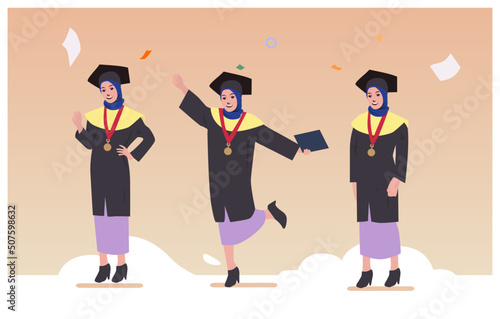 happy hijab woman in graduation gown is holding education certificate