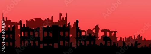Ruined city. Red misty horizon. Apocalypse natural or war. Sad landscape of destruction. Vector