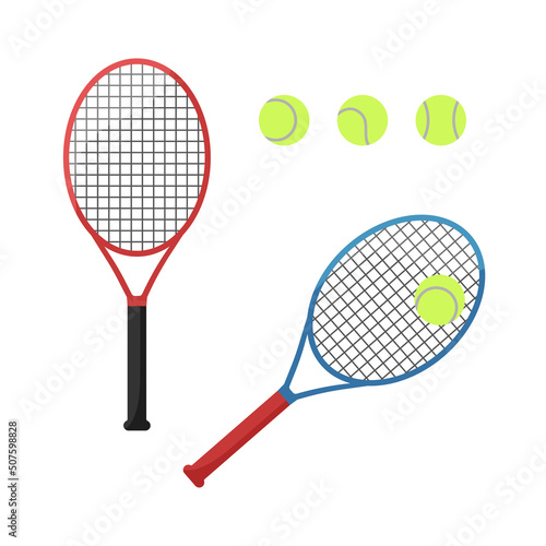 Tennis racket and balls isolated. Tennis equipment on white background. Vector set of sports elements. Flat illustration