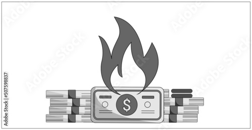 Burning money, banknotes. Bankruptcy, financial crisis and inflation concept. Wasting money. Business vector illustration, flat design element, cartoon style, isolated on white background.