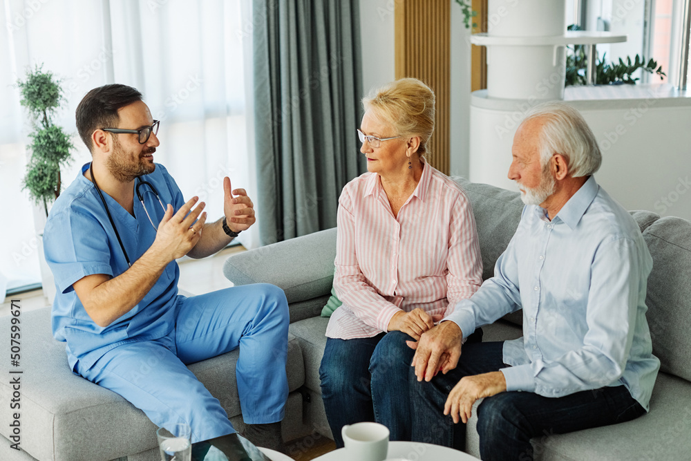 Obraz premium nurse doctor senior couple care caregiver help assistence retirement home nursing elderly man woman insurance clinic