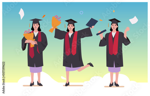 Illustration of university graduation. students celebrate the end of academy
