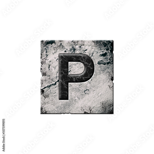 Letter P. Alphabet on stone blocks. Isolated on white background. Education.
