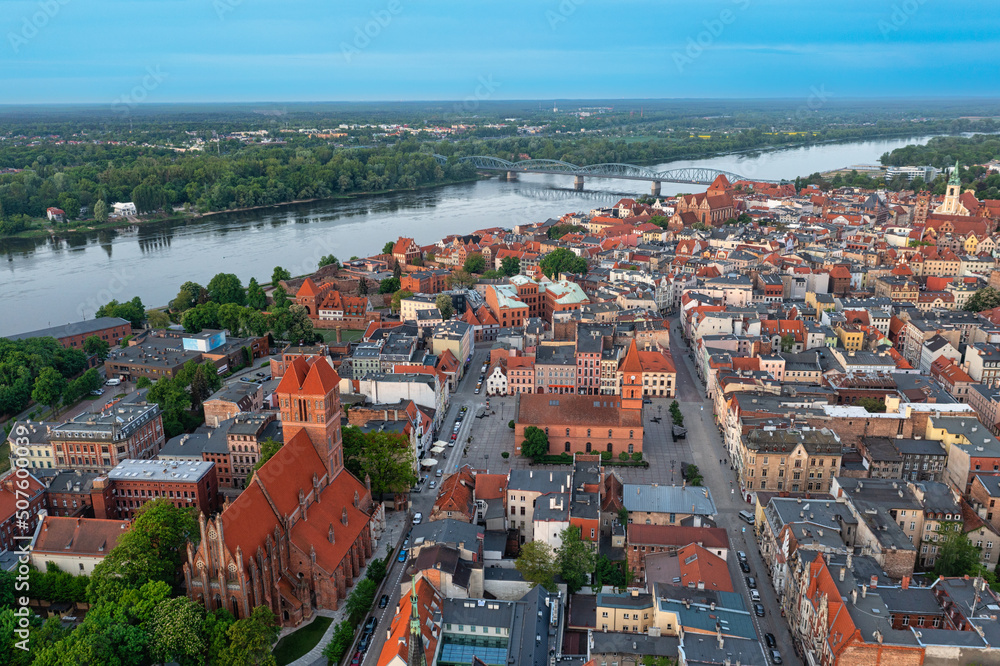 Aerial view of Torun's Old Town early morning. Poland, Kuyavia-Pomerania, Europe.