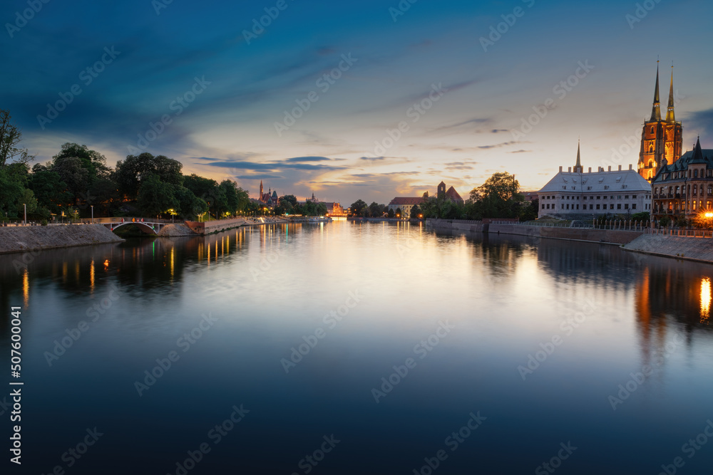 Wroclaw evening panorama. View from the bridge of peace. Silesia, Poland.
