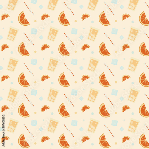 Orange cocktail pattern.  Cocktail, orange slice, ice cube and cocktail tube on a light background