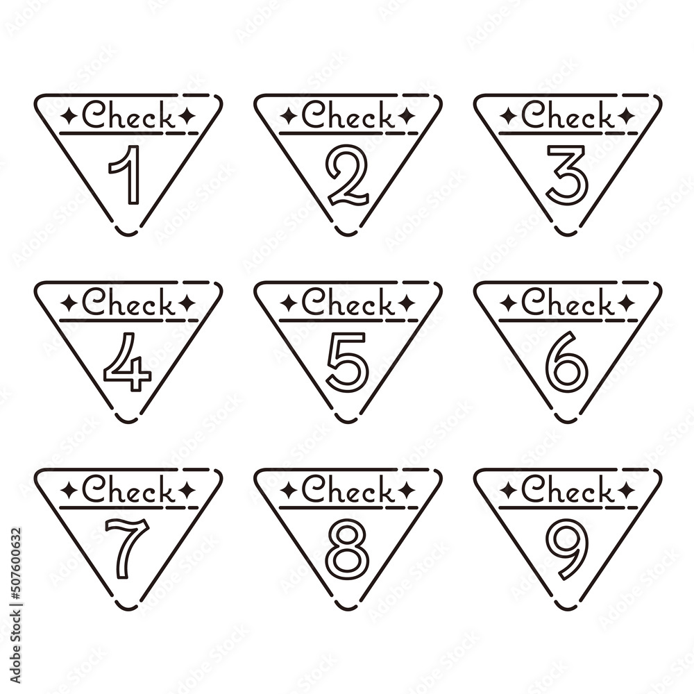 Obraz premium 三角形の数字アイコンセット 1〜9 CHECK（モノクロ）