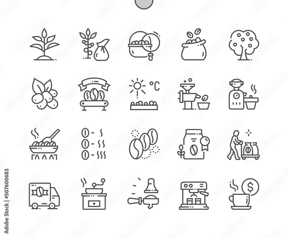 Coffee production. Planting and harvesting. Grinding, type roasted. Coffee price. Pixel Perfect Vector Thin Line Icons. Simple Minimal Pictogram