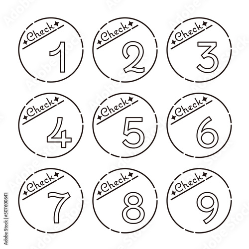 円形の数字アイコンセット　1〜9　CHECK（モノクロ）