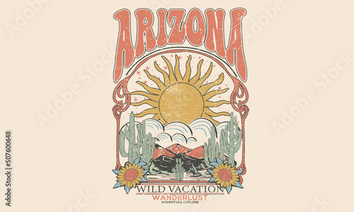 Arizona cactus vector print design for t shirt and others. Desert sunshine graphic print design for apparel, stickers, posters and background. Sunflower vintage artwork.