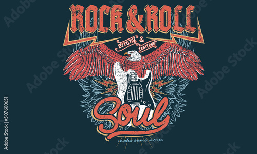 Eagle and guitar vector print design for t shirt and others. Rock and roll print design for apparel, stickers, posters and background. 