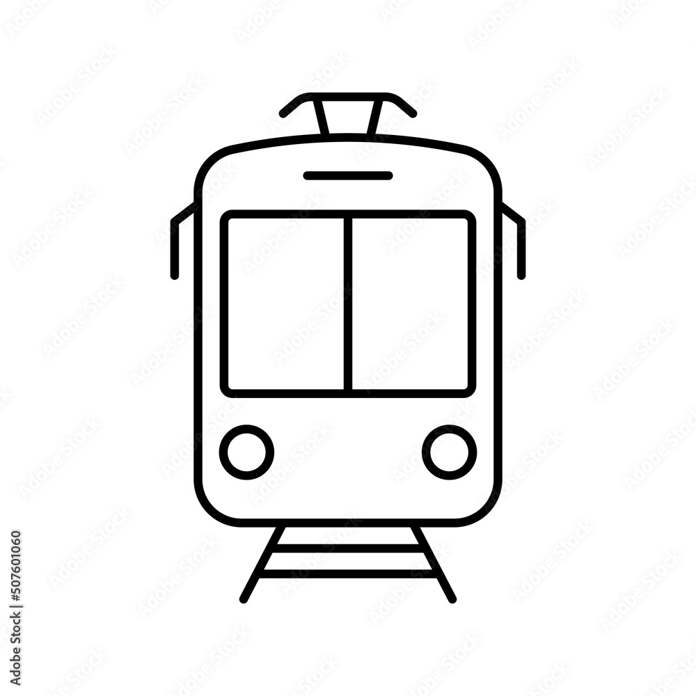 Black Tram Line Icon. Streetcar in Front View Linear Pictogram. Stop Station for City Electric Public Transport Outline Sign. Vintage Tramway Symbol. Editable Stroke. Isolated Vector Illustration Black Tram Line Icon. Streetcar in Front View Linear Pictogram. Stop Station for City Electric Public Transport Outline Sign. Vintage Tramway Symbol. Editable Stroke. Isolated Vector Illustration
