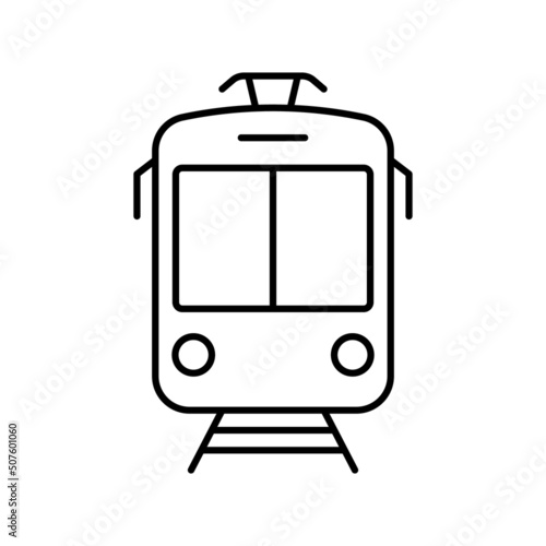 Black Tram Line Icon. Streetcar in Front View Linear Pictogram. Stop Station for City Electric Public Transport Outline Sign. Vintage Tramway Symbol. Editable Stroke. Isolated Vector Illustration