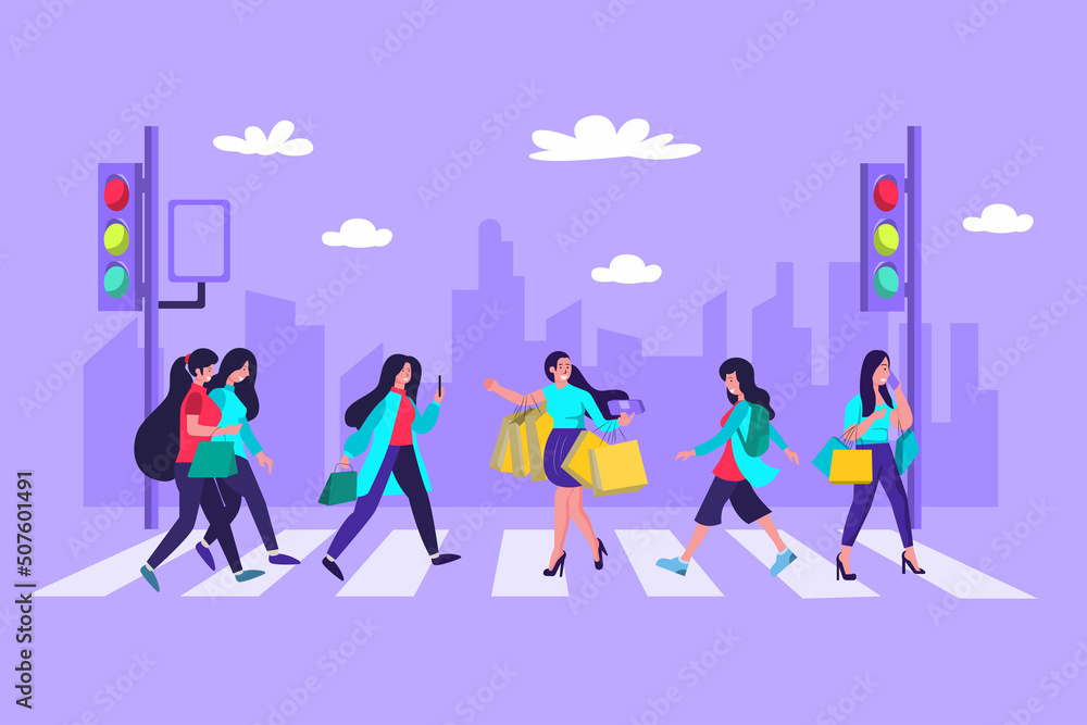 Flat illustration concept people walking across the crosswalk in the city to be aware of the risks of traffic, safety, on foot Have to keep an eye on the transportation of the car as well. Flat illustration concept people walking across the crosswalk in the city to be aware of the risks of traffic, safety, on foot Have to keep an eye on the transportation of the car as well.