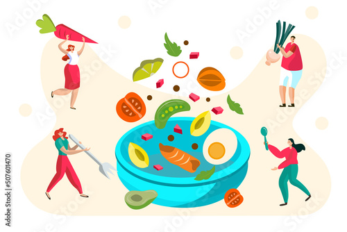 Concept of flat illustration Chefs and cooks help each other cook. healthy Including of eggs, vegetables, carrots, tomatoes, salmon, green peas, spring onions, avocado.
