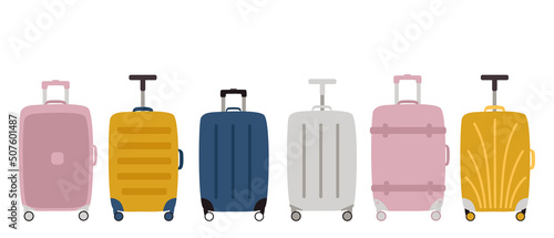 A group of fashionable suitcases on wheels with a handle. Types of luggage. Vector illustration isolated on a white background photo