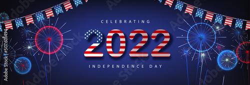 Independence day USA celebration banner with firework background and text 2022 american flag