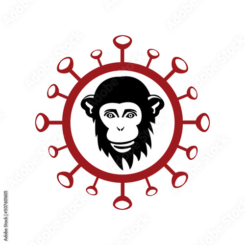 Monkey ape icon in red virus molecular- symbol of danger and alertness. Monkeypox virus concept in simple flat style isolated on white background. Vector illustration 