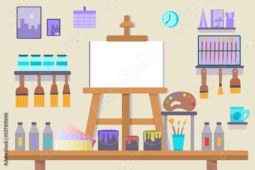 Cover image for presenting works of art. These include oil paintings, easels, canvas, palettes, pencils, brushes. Create works of art well and conveniently.