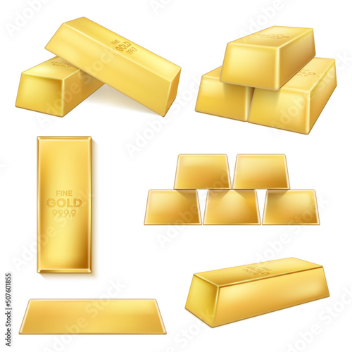 Collection realistic golden bars front side top view vector banking financial success