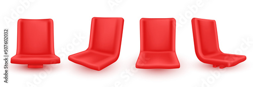 Collection realistic red stadium seats front side view vector illustration. sports fan place sitting