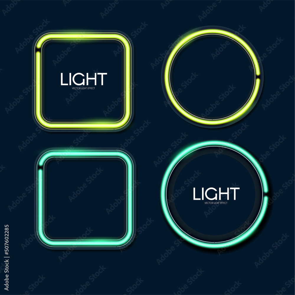 Shining neon square and circle banner set. Simple light element collection on blue background. Golden light. Shining neon square and circle banner set. Simple light element collection on blue background. Golden light.