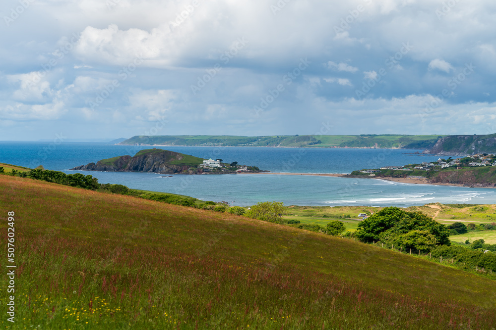 View of the countryside from Thurlestone to Burgh Island in Devon