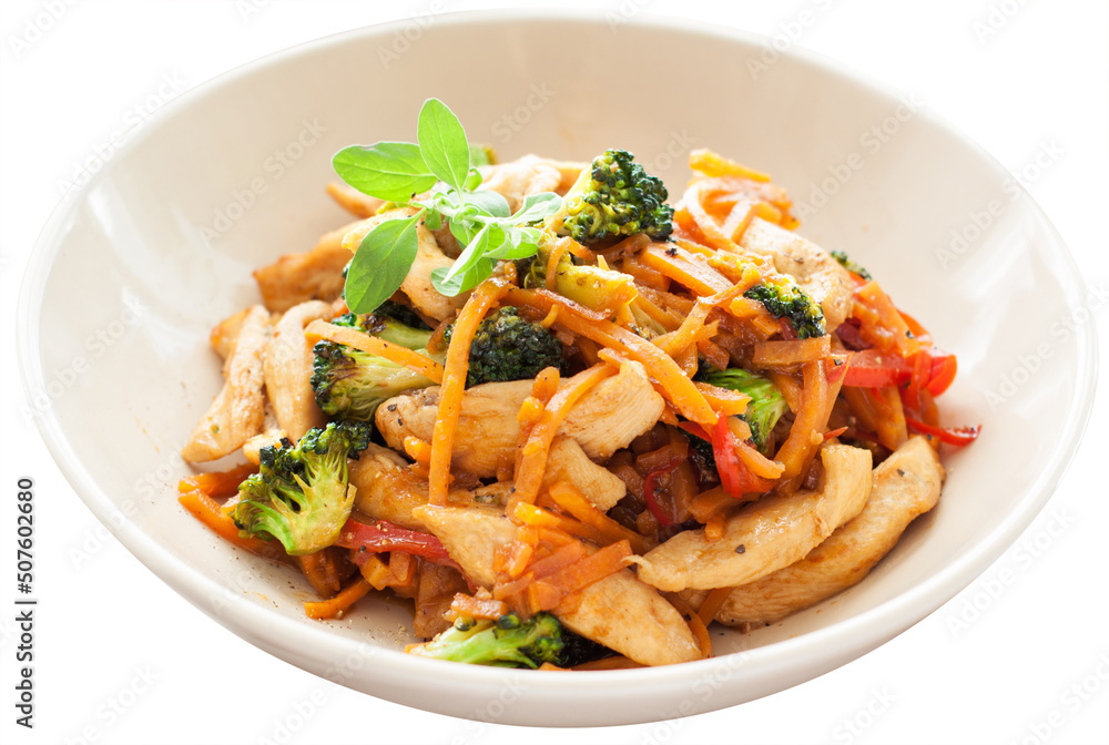 Chicken stir fry with sweet potato noodles. Chicken stir fry with sweet potato noodles.