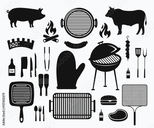 Barbecue, BBQ, Grill Silhouette Set Vector. BBQ Grill Party Icon Set Template.