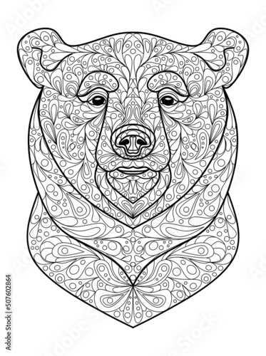 Bear ornament coloring page, black and white outline isolated on white background, stock vector illustration, print