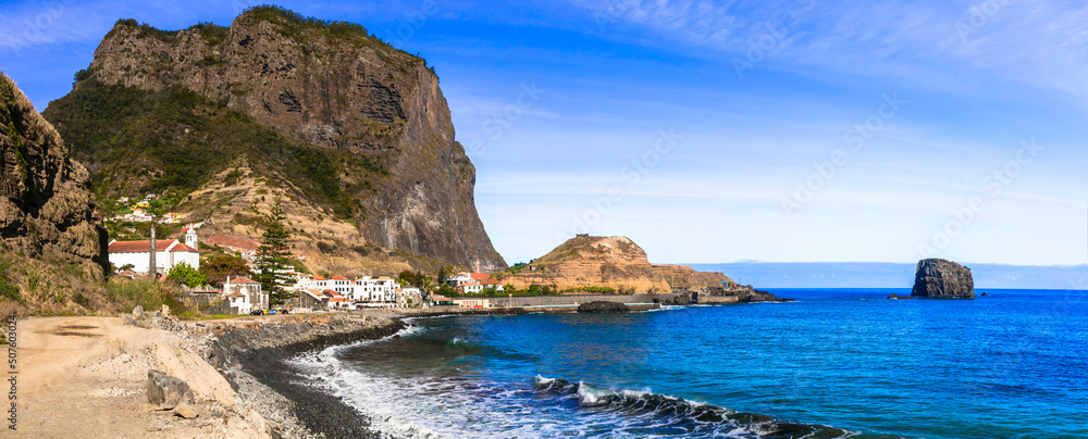 Picturesque idyllic coastal villages of Madeira island. Porto da Cruz panoramic view. Portugal