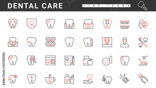 Dental care thin red and black line icons set vector illustration. Abstract dentistry instruments and orthodontic examination in stomatology clinic, bad human tooth treatment and symptoms of caries