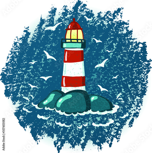 Lighthouse and seagulls against vector pastel texture background and with overlaying texture; for prints, posters, logos, emblems, summer vacation merchandise, port souvenirs and seaside poscards