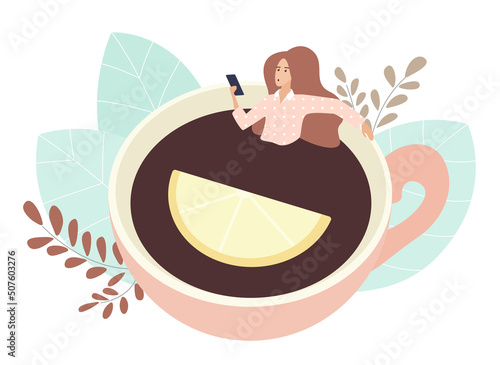 Girl swimming in giant cup with tea and lemon. Cartoon woman holding mobile phone, having tea break during work, floating in drink to boost energy flat vector illustration. Relax time concept