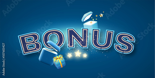 Bonus sign with neon light, hift boxes and shining stars. Win design.
