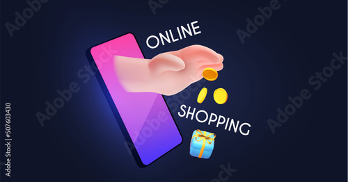 Online shopping. Digital marketing concept with shining phone, paying hand, coins and gift box