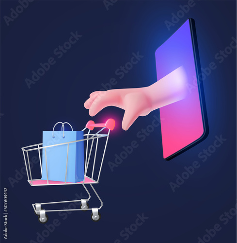 Online shopping. Digital marketing concept with shining phone, paying hand, shopping trolley cart, coins, card and gift bag