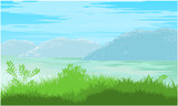 landscape with lake, grass, mountain and sky. nature lake