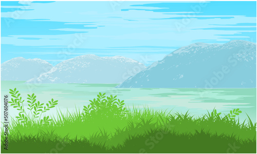 landscape with lake  grass  mountain and sky. nature lake