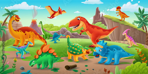 Fototapeta horizontal illustration with dinosaur landscape for school
