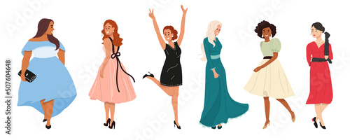 Set of beautiful diverse multicultural women in evening outfits. Fashion multiracial girls wearing different dresses. Flat vector illustration isolated on white background