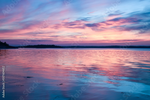 Blue pink magnificent sunset above a mirror water lake in Sweden
